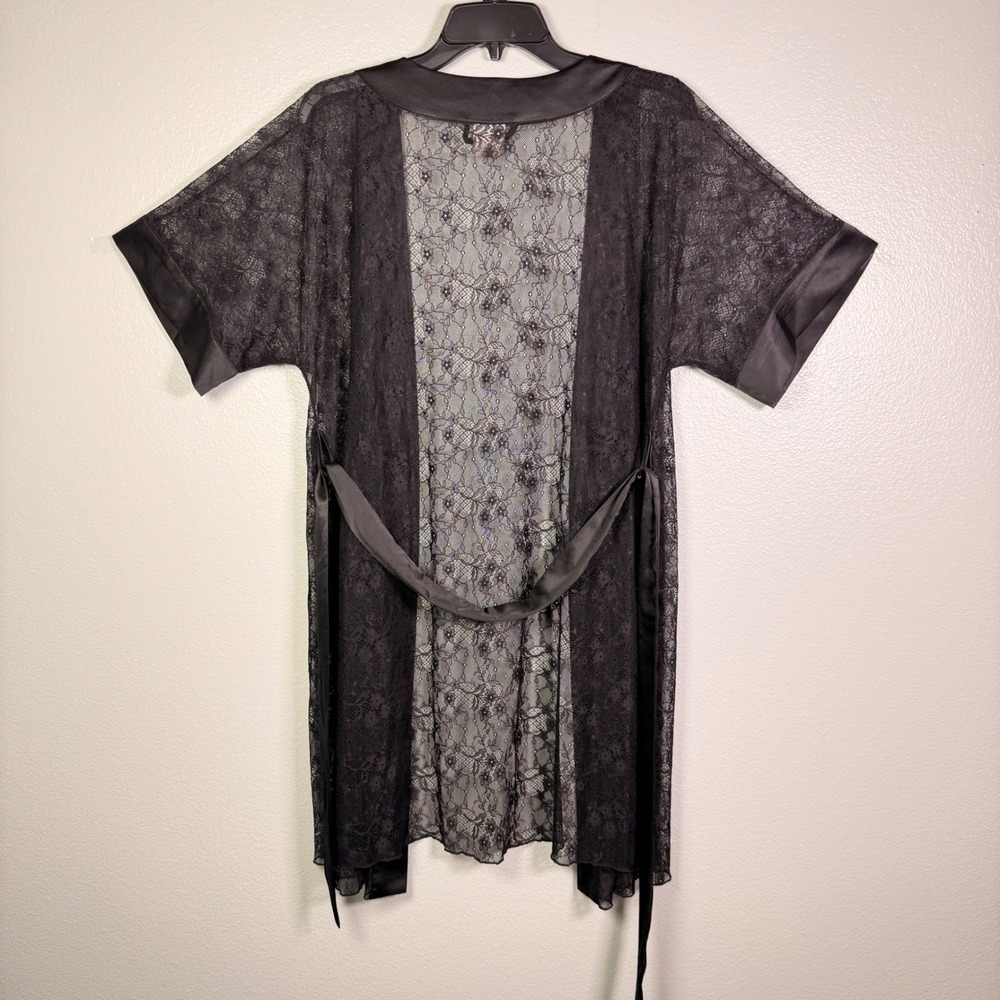 Soma Black Floral Lace Robe Satin Trim Sheer Belted Wrap Kimono Lingerie Medium - Picture 6 of 9
